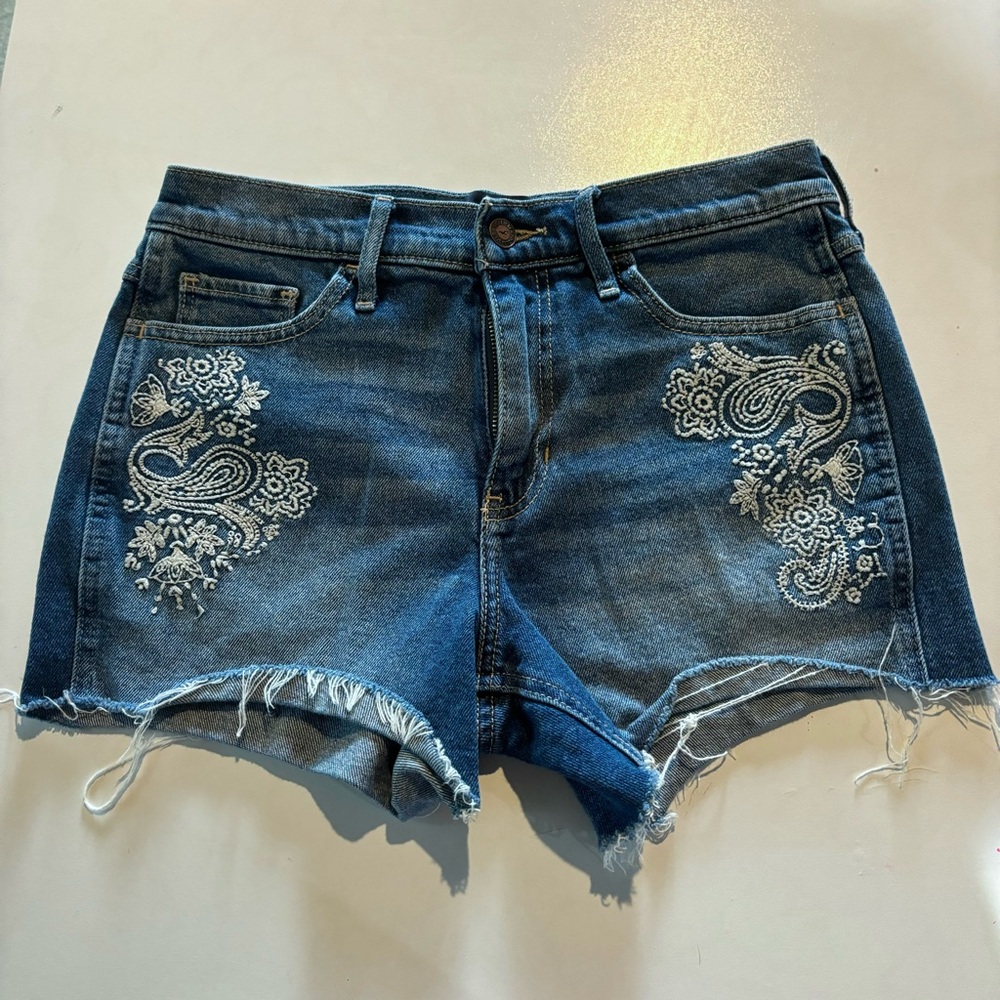 Hollister High Rise Short Shorts Womens 7 W28 Floral Embroidered Blue Denim